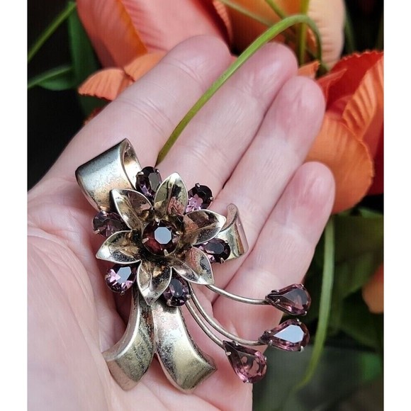 Vintage Sterling Purple Rhinestone Flower Bow Ribbon Brooch Pin Earring Set - Picture 7 of 8